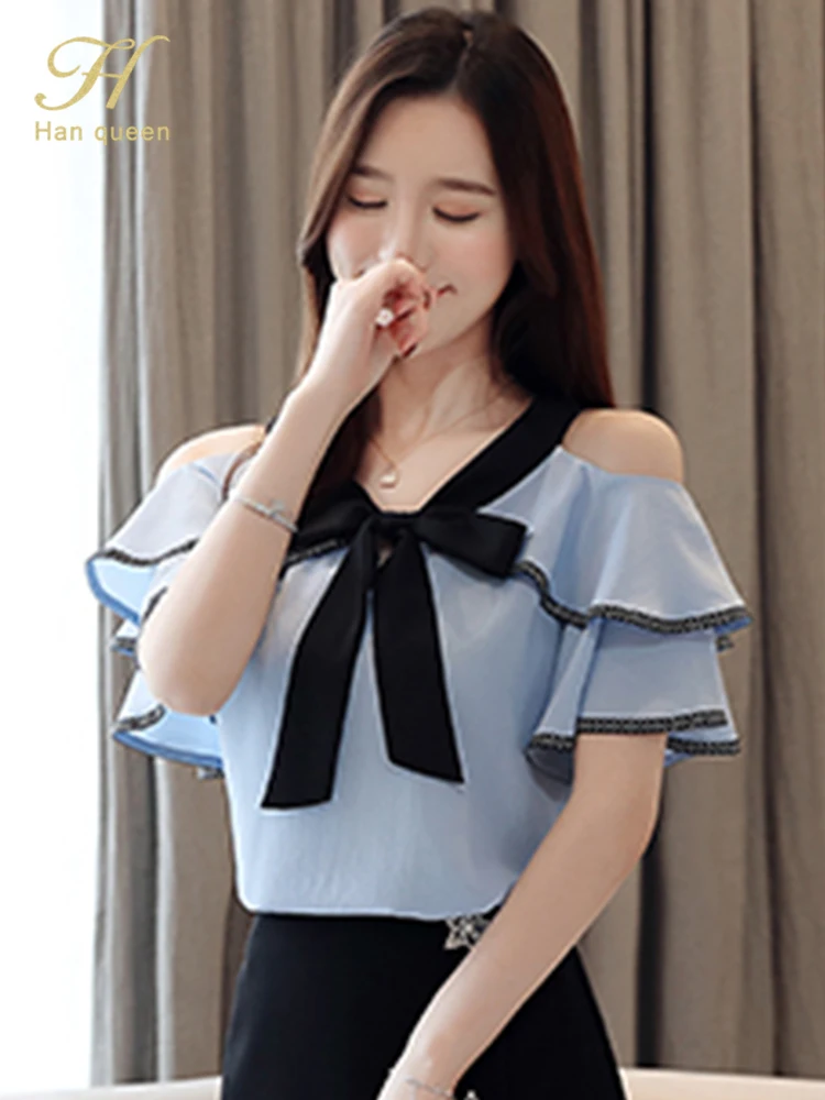 

Женская шифоновая блузка H Han Queen, простой офисный топ с открытыми плечами и бантом, Повседневная офисная Свободная блузка с коротким рукавом