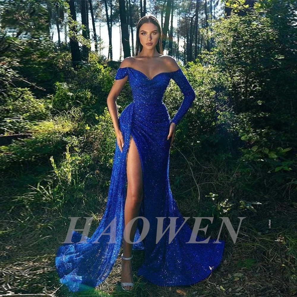 

HAOWEN Short Long Sleeves Meramid Sparkly Glitter Strapless Evening Gowns Sexy High Slit Party Floor-Length