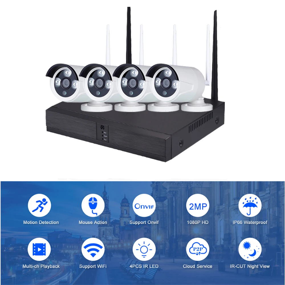 2.0MP Беспроводной Wi-Fi набор NVR 4CH домашней безопасности система видеонаблюдения, водонепроницаемая ночное видение 4 шт IP-камеры P2P.