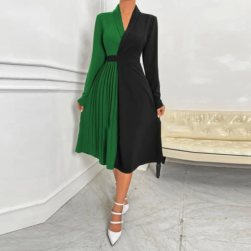 

Women Fashion Patchwork Casual Pleated Dress Office Lady Sexy V Neck Belt Long Dress Spring Autumn Long Sleeve Party Dress 2023