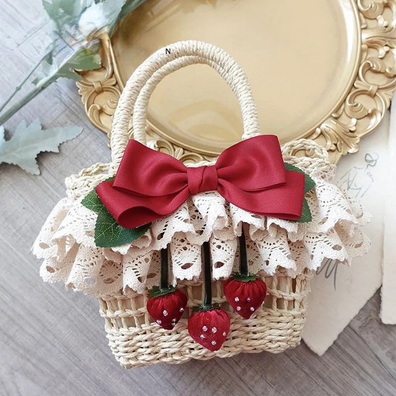 

Sweet Bow Uniform Lolita Bags 2023 Elegant Strawberry Handmade Knitting Bags for Women Sweet Lace Woven Straw Bag Girls