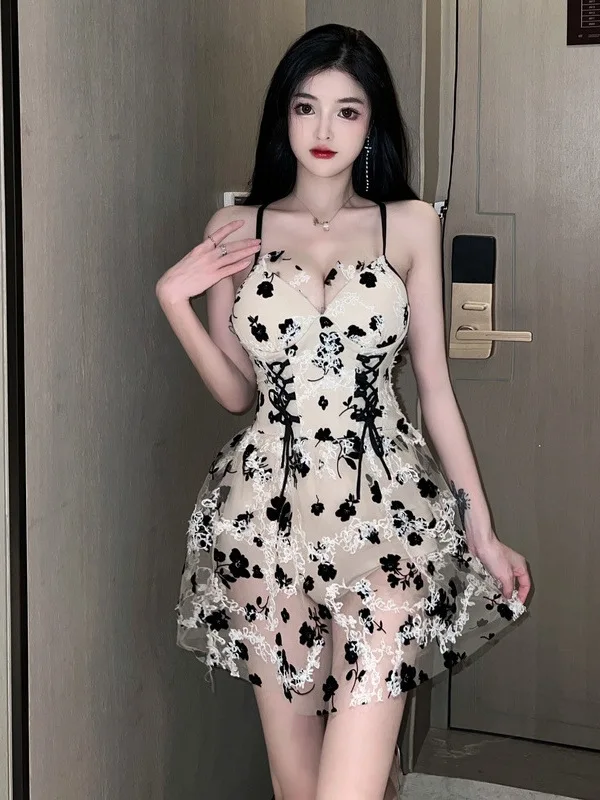 

Sexy Sweet Off Shoulder Slim Dress Mesh Embroidery High Waist Slim Dress Camisole Summer Wome Sheer Slash Neck Ball Gown YDWH