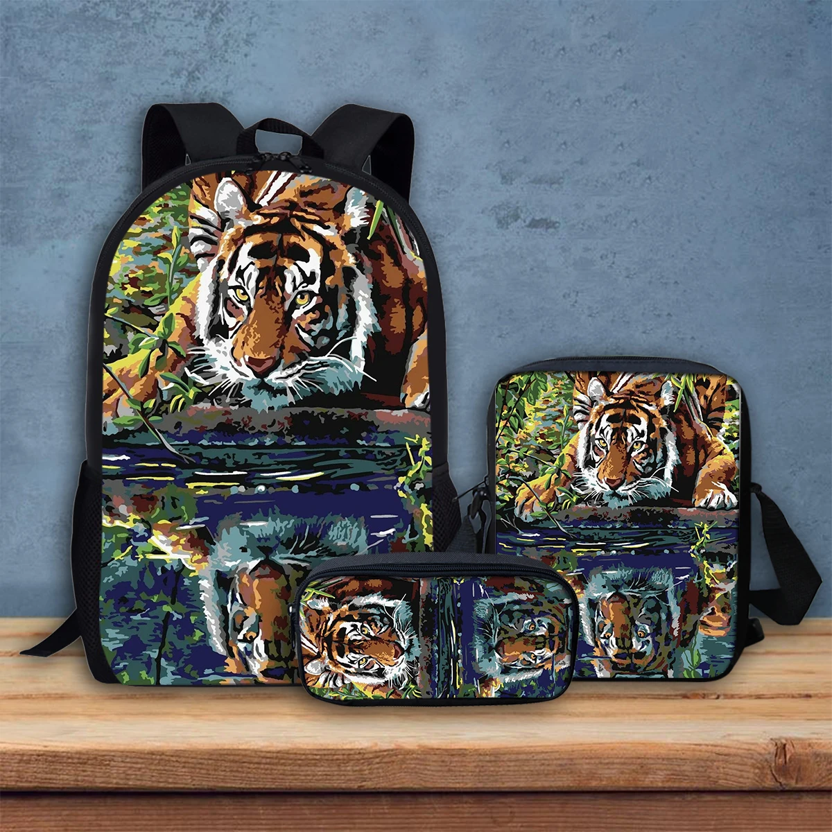 

Fierce Tiger Shoulder Bags for Student Classic Animals High Quality Study Stationery Box Hot Sale Season Back To School 3Pcs/Set