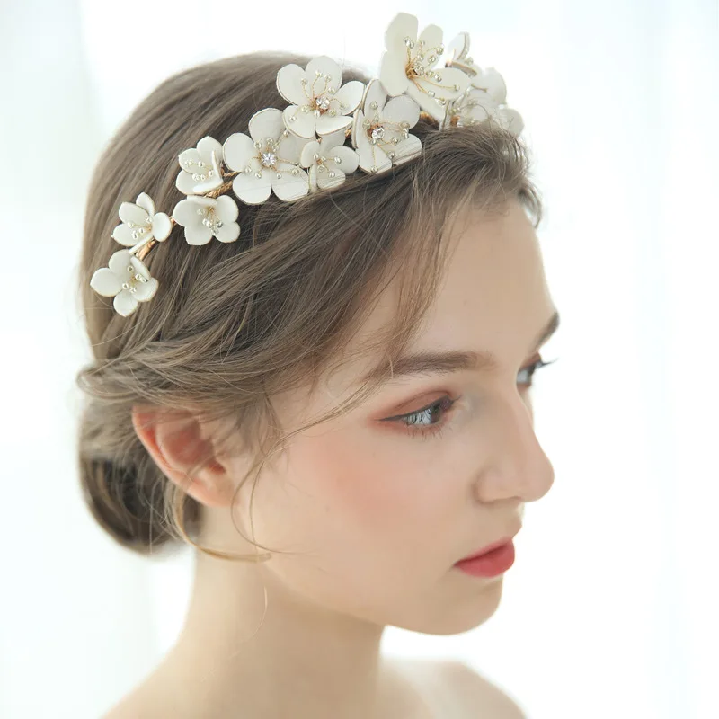 Elegant Leather Flower Princess Headband Bridal Tiara Handmade Women Crown for Party Prom Wedding