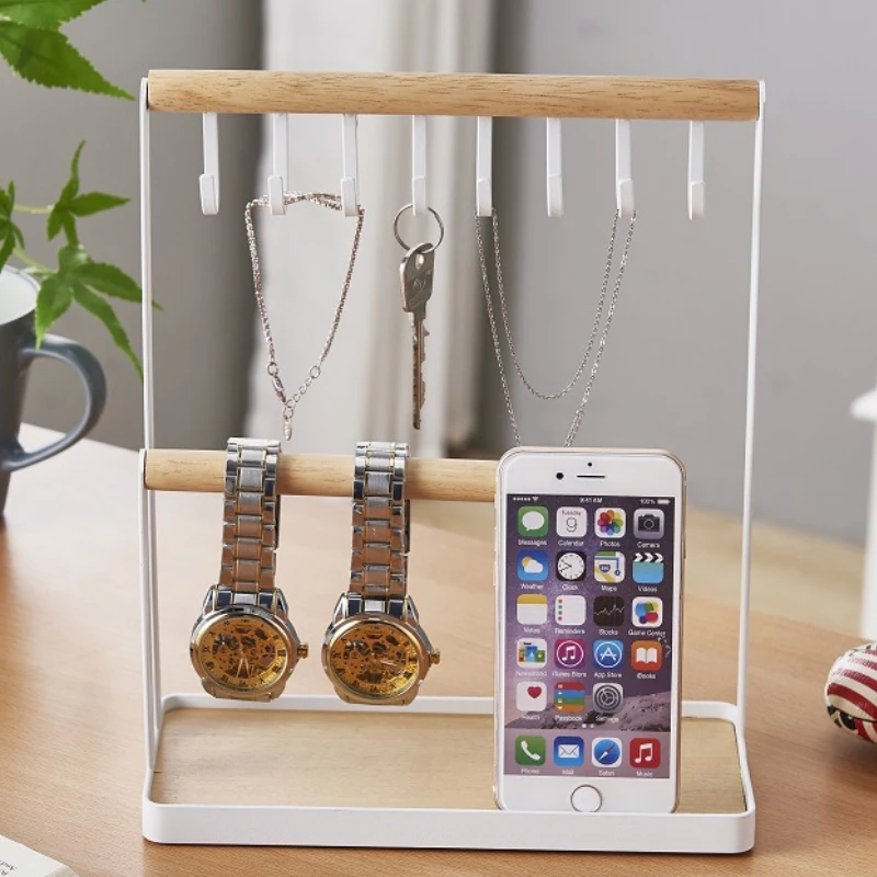 Jewelry Storage Box Display Stand Wooden Rack With Metal Hook Earrings Necklaces Bracelets Bracelets Watches Storage Accessories