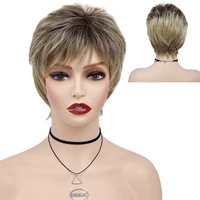 gnimegil synthetic hair short ombre natural wigs for women blonde wig with bang dark root haircut mommy wig cosplay costume wig