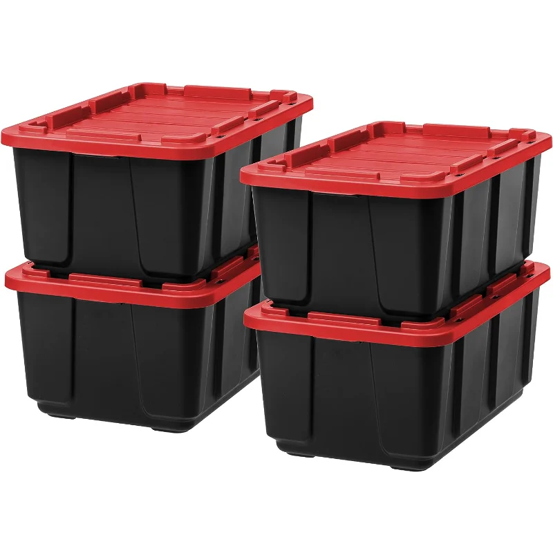 

IRIS USA 27 Gallon Large Heavy-Duty Storage Plastic Bin Tote Organizing Container with Durable Lid, Black/Red, 4 Pack