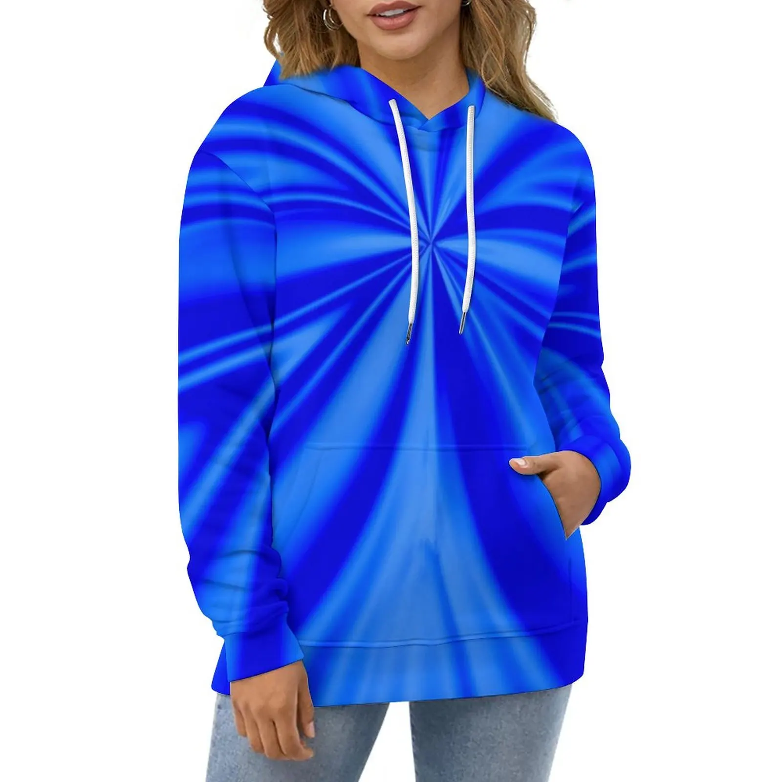 

Blue Tie Dye Casual Hoodies Abstract Flower Print Elegant Graphic Loose Hoodie Winter Long Sleeve Street Fashion Oversized Top