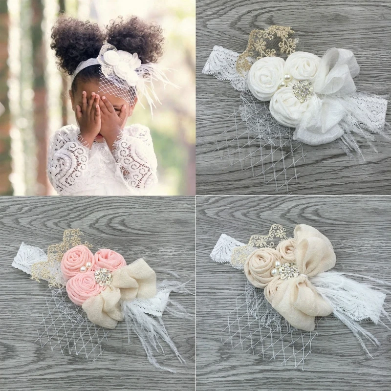 

Kids Baby Girl Sweet Lace Headband with Satin Flower Rhinestone Pearl Feather Vintage Newborn Headwrap Princess Hairband