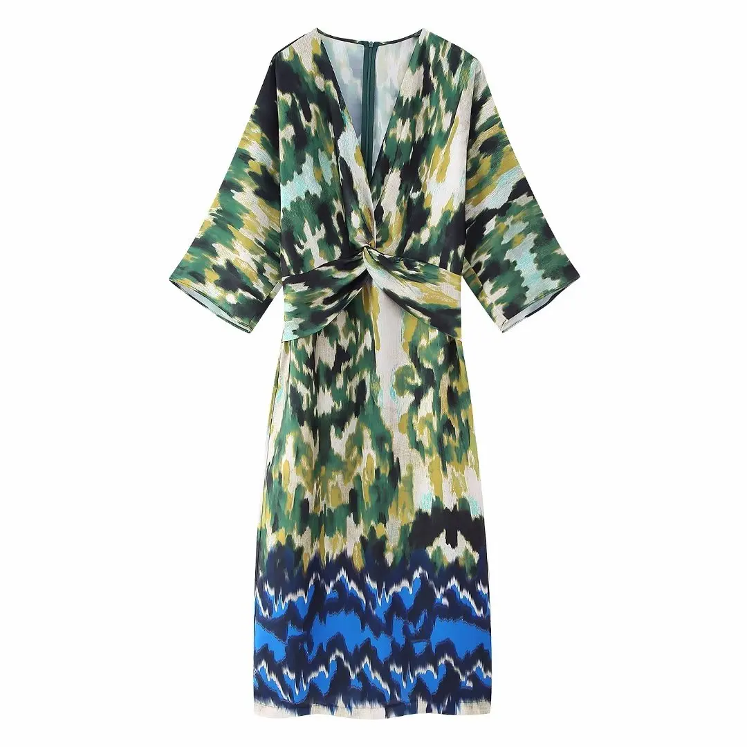 

PB&ZA Women 2023 New Chic Fashion Spring Printed Gown Style Midi Vintage V Neck Long Sleeve Female Dresses Vestidos Mujer