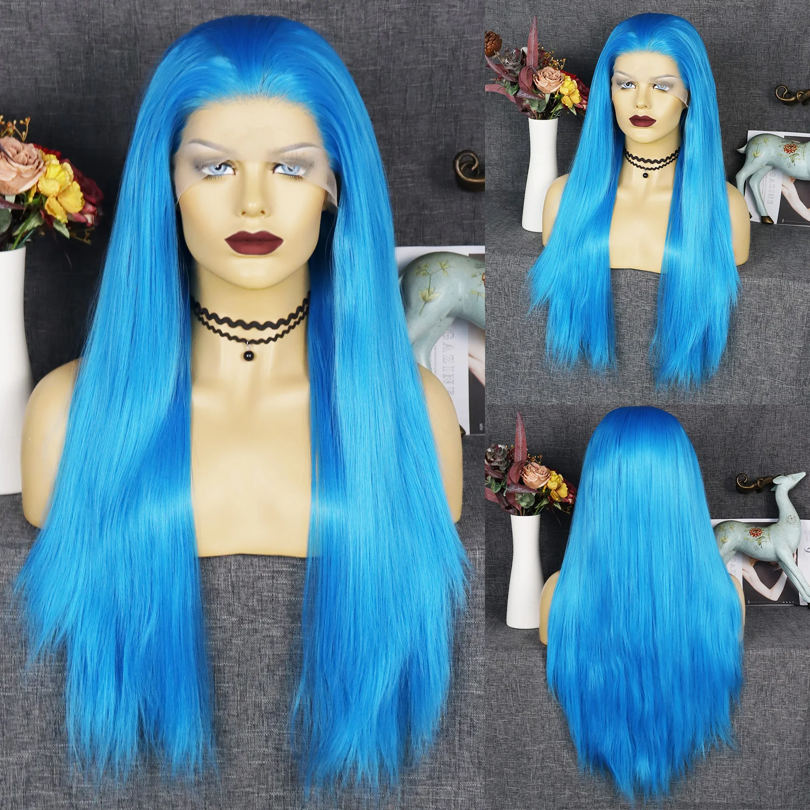 JT Synthetic 30IN 13x3 Lace Front Wig Natural Hairline Sky Blue Colored Straight Hair Jinx Cosplay Wig For Women Hollywood Party