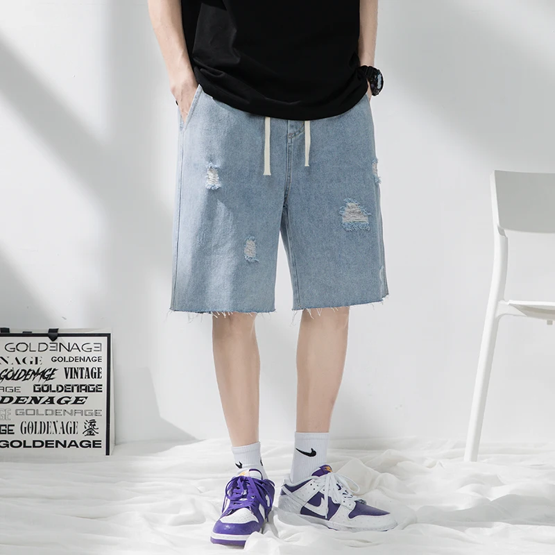 Summer New Ripped Jean Short Oversize Baggy Casual Five-Point Pants Ventilation Y2K Trendy Pop Clothes for Street Men's Clothing