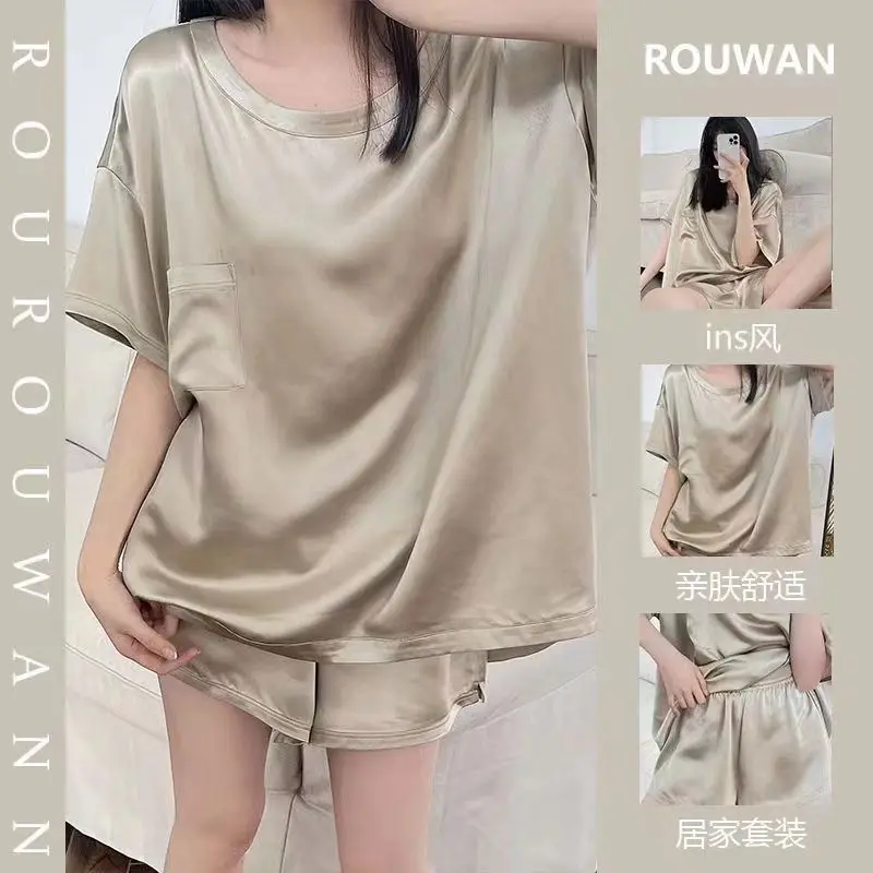 

Simple and High-end Sense of Solid Color Ice Silk Short-sleeved Pajamas + Shorts Set Women's 2023 Summer New Loose Loungewear