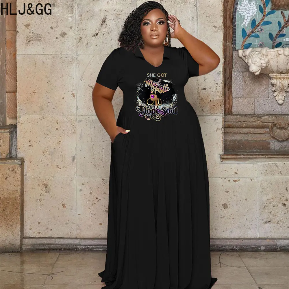 HLJ&GG Casual Plus Size Pattern Printing Floor Dresses Women Turndown Collar Short Sleeve A-line Robe Vestidos Female Dress 5XL