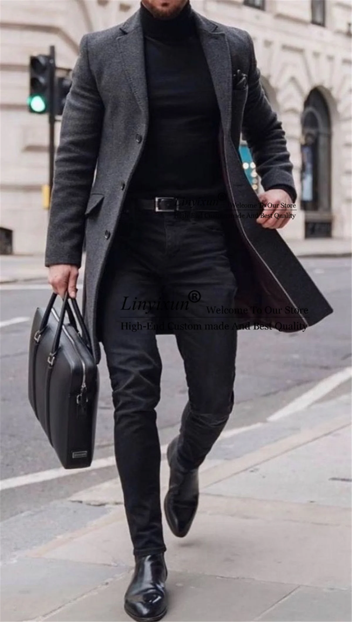 Autumn/Winter Gray Suit Jacket Men Groomsman Outfit Long Coat Formal Tweed Thick Wool&Blends Trench Overcoat Terno Masculino