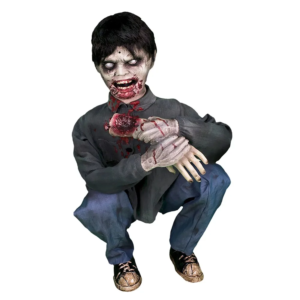 

Crouching Limb Eater Zombie Boy by Tekky, Indoor/Covered Outdoor Premium Halloween Animatronic, halloween decorations for home