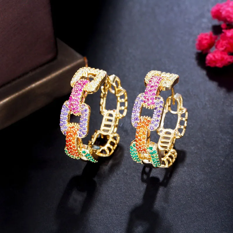 

AAA+ Quality Fashion Fancy Zircon Chain Style Hoop Earrings Gradient Rainbow Silver Studs Women Wedding Luxury Jewelry