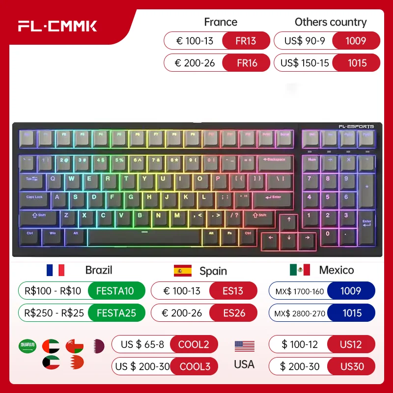 

FL·ESPORTS FL100 Three-Mode Mechanical Keyboard 100 Keys RGB Hot-Swappable 2.4G Wireless Bluetooth Wired Win/Mac/iPad