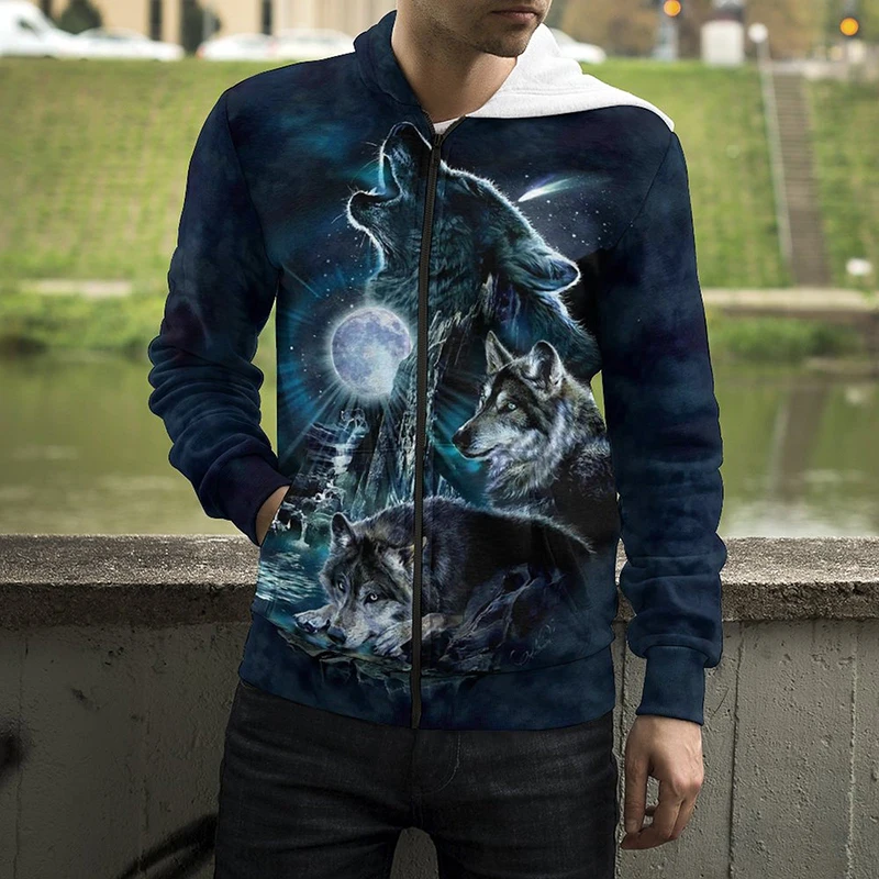 

Толстовка с капюшоном на молнии для мужчин и женщин, уличная одежда с 3D принтом животных, волков, топы с длинным рукавом, крутая детская модная повседневная одежда, худи на молнии