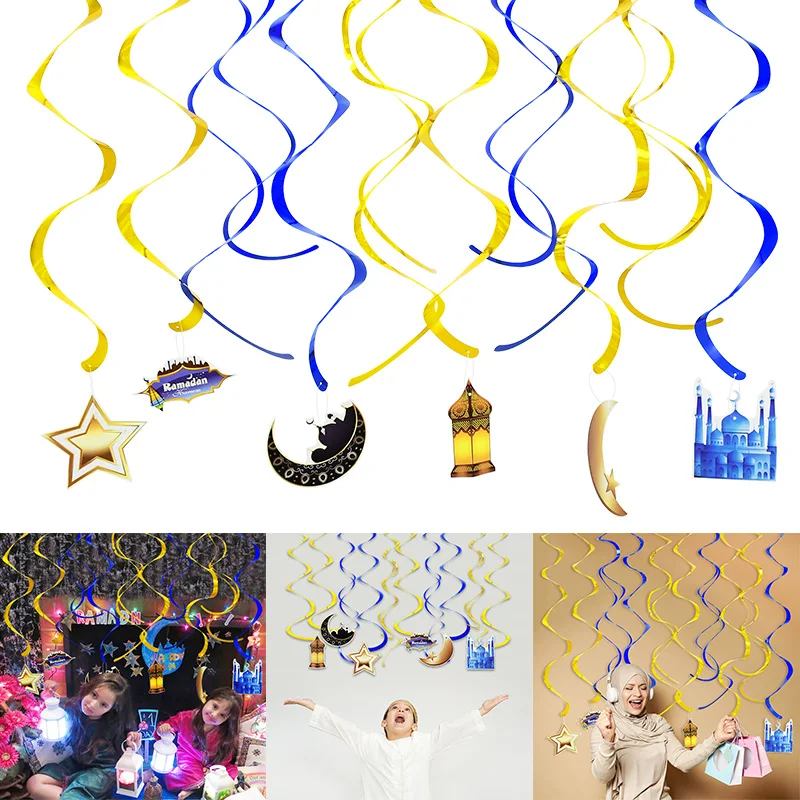 

10pcs Eid Mubarak Ramadan Spiral Decorations Islamic Muslim Gold Swirl Eid Hanging Pendant Bunting Hajj Mubarak Party Decoration