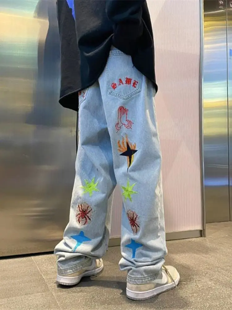 

Джинсы мужские прямые с принтом, повседневные свободные брюки оверсайз в стиле Хай-стрит, хип-хоп, джинсы с широкими штанинами, уличная одеж...