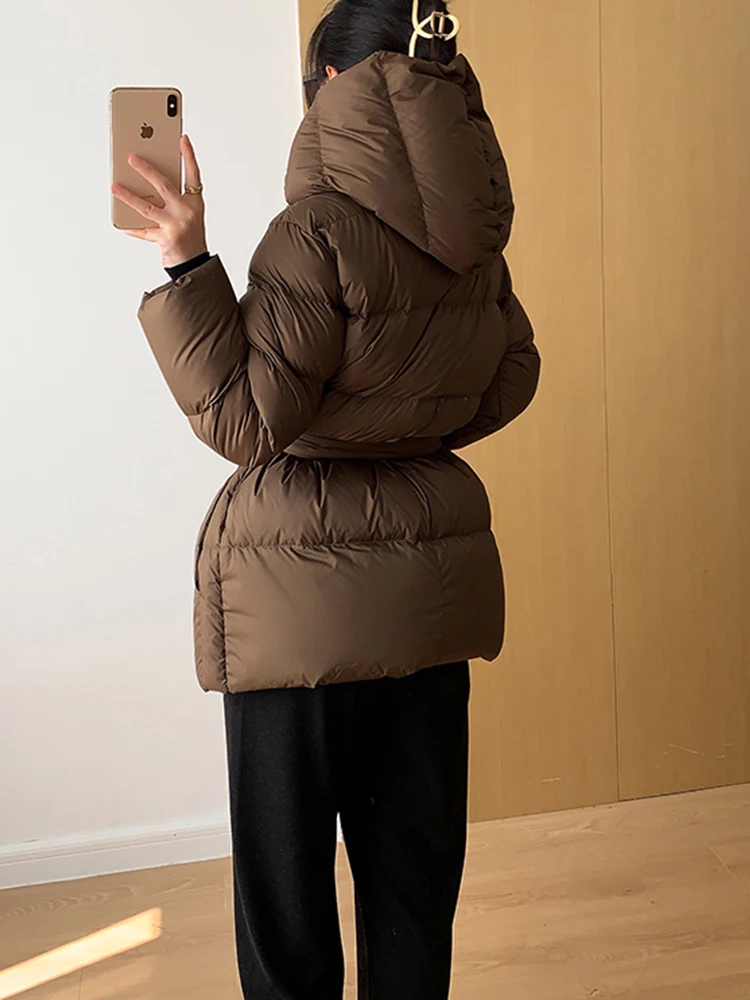 2022 Winter Women's Down Jackets Ultra Light Warm Casual Coat Female Loose Puffer Jacket Belt Hooded Parka Overcoat