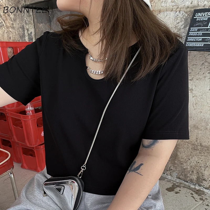 

Short Sleeve T-shirts Women Solid Chain Fashion Korean Loose Crop Tops Daily Streetwear Females Summer Футболка Женский Design