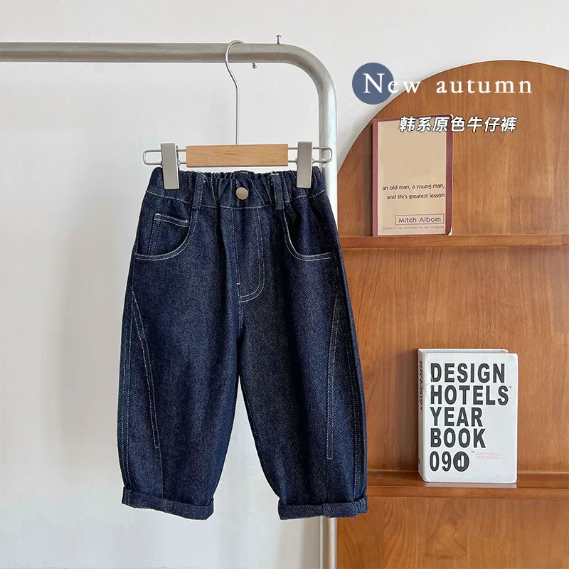 

Детские джинсовые брюки, Новинка осени-весны 2023, модные Универсальные джинсы в Корейском стиле, однотонные свободные шаровары для мальчиков
