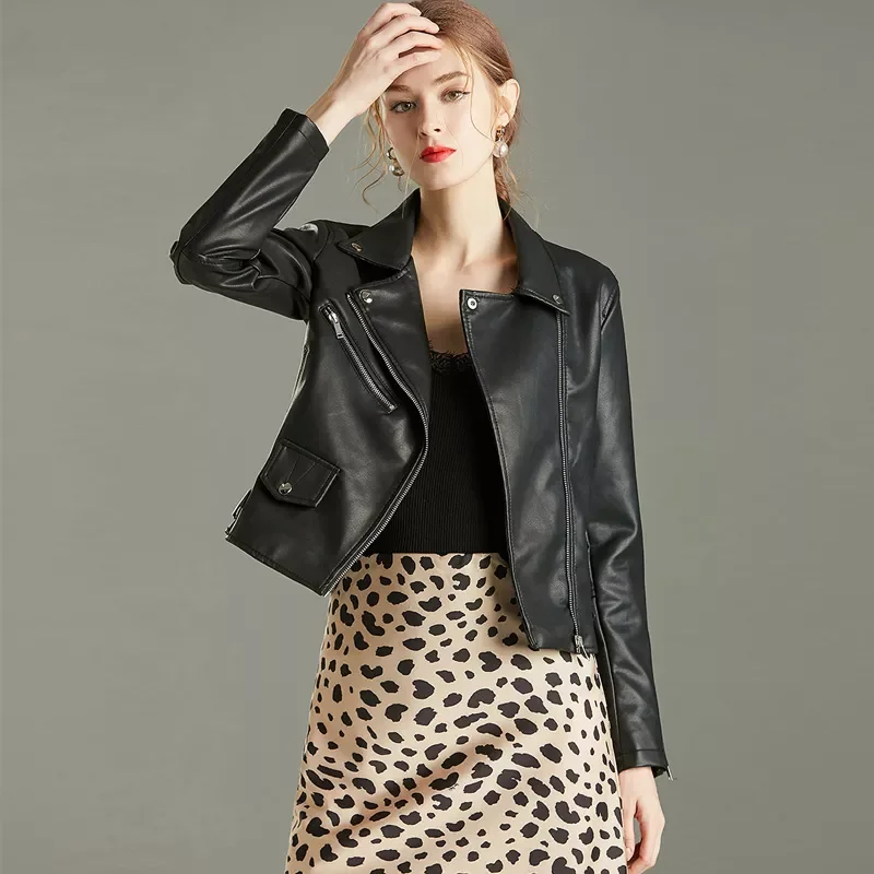 

Free shipping Slim Women Faux Leather Jacket Slim Casual Motorcycle Biker Coats Female Punk Zipper Rivet Spring Autumn Ladies Co