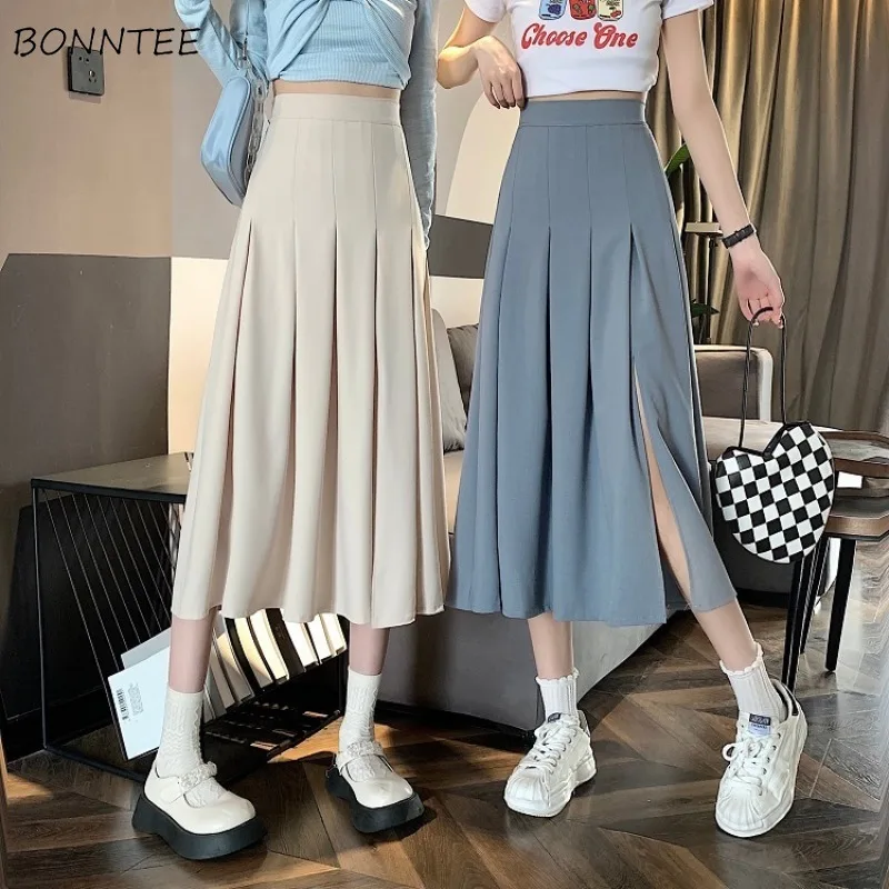 

Skirts Women Spring College Ins Elegant Folds Solid Lovely New Arrival Street Wear Popular Fashion Mid-calf Korean Style Young