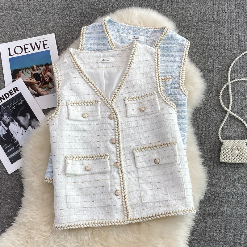 

Ladies temperament small incense wind waistcoat vest jacket women autumn and winter loose woven tweed V-neck waistcoat jacket