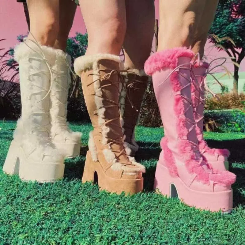 Purple Blue Pink Leather High Platform Block Heel Fur Lace-up Knee Boots Round Toe Women Winter Fur Crosstie Festival Boots