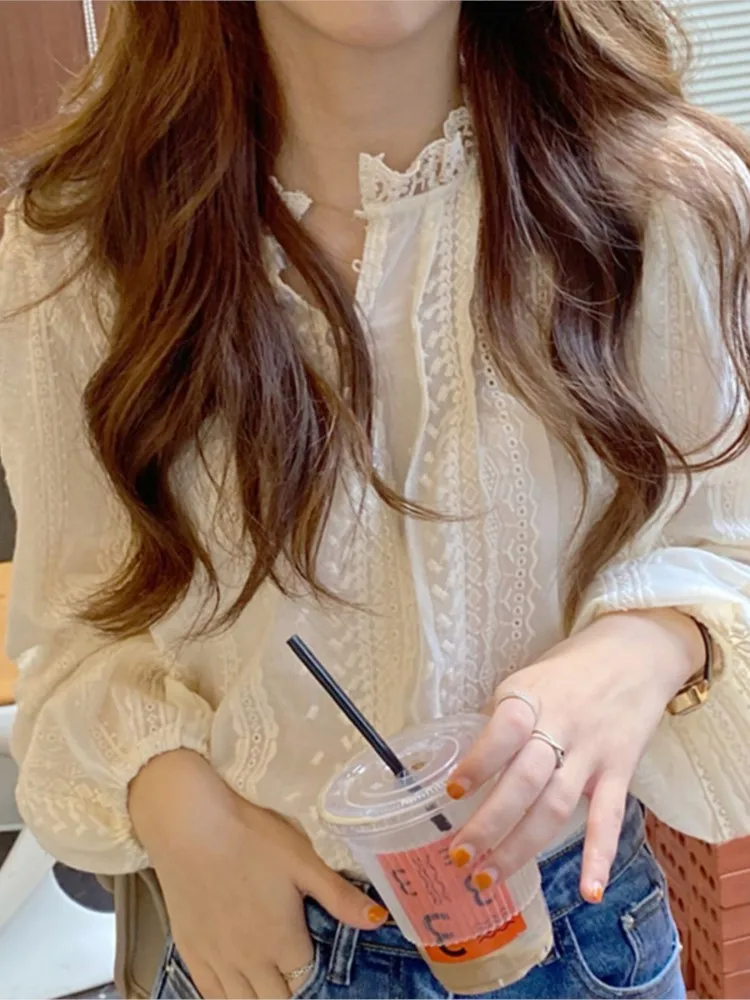 Женская кружевная блузка с круглым вырезом элегантная повседневная Свободная