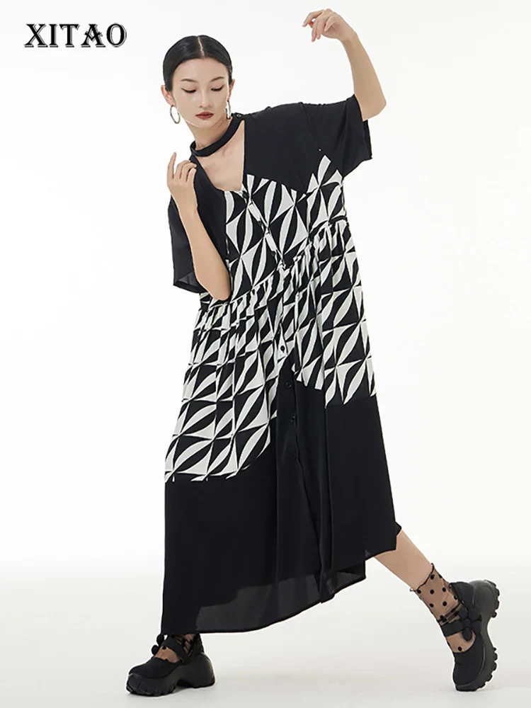 

XITAO Fashion Casual Print Dress Loose Simplicity Hollow Out Splicing V-neck Women Single Breasted Contrast Color Dress WMD7285