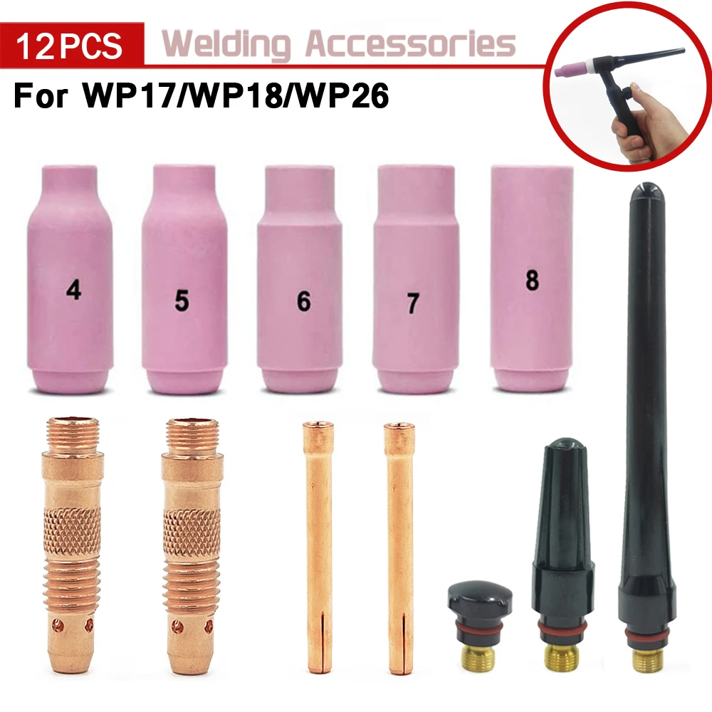

12Pcs TIG Welding Torch Consumables Alumina Ceramic Nozzles Collet Tips Bodies Back Cap For WP17 WP18 WP26 Welding Accessories