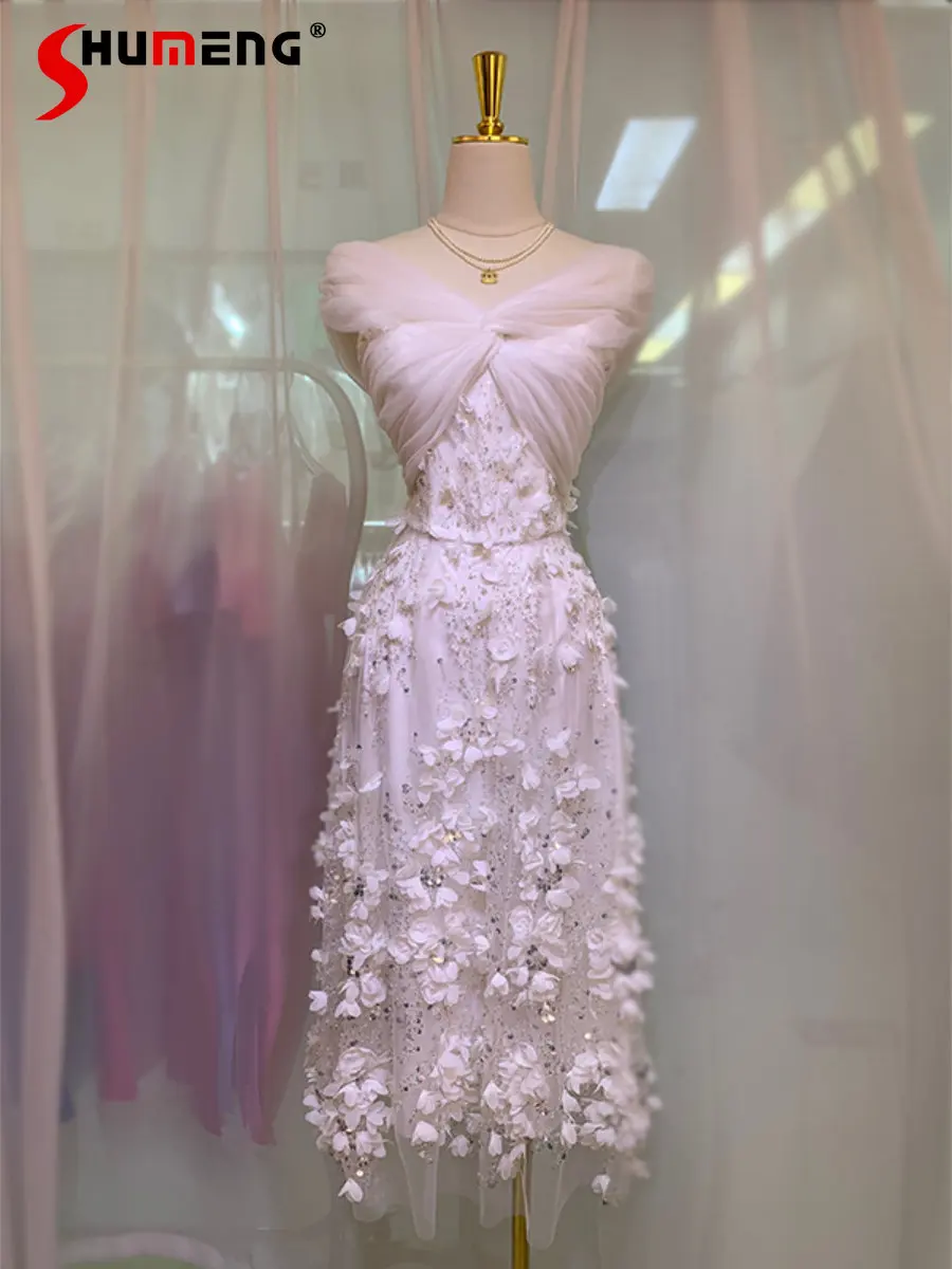 

Женское платье ручной работы, шикарное платье до середины икры с 3D цветами и вышивкой, платье с открытыми плечами и блестками, лето 2023