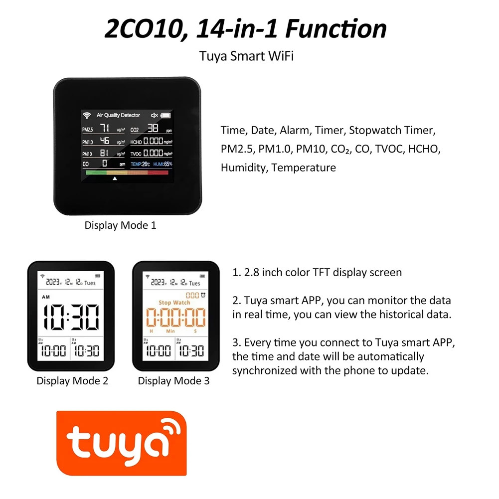 14-в-1 монитор качества воздуха в помещении дисплей 2 8 дюйма тестер Wi-Fi управление