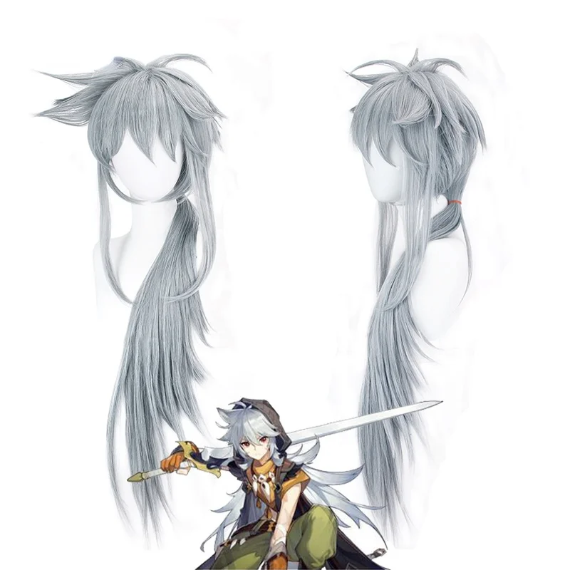 

Ударопрочная бритва Genshin, серые длинные термостойкие синтетические волосы, парики для косплея на Хэллоуин, карнавал вечерние вечеринку, рол...