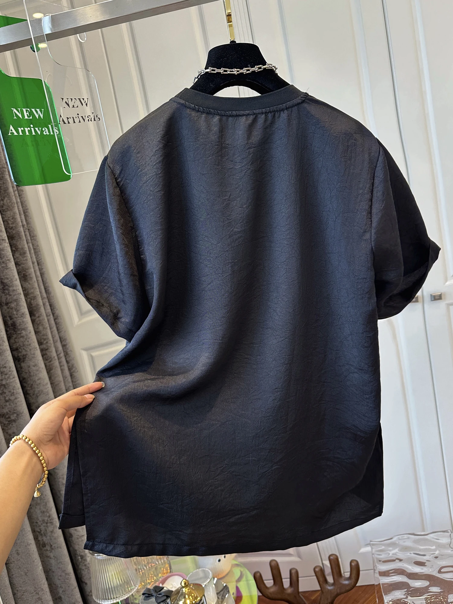 KMI Высококачественная блестящая вышитая ацетатная атласная шифоновая рубашка с