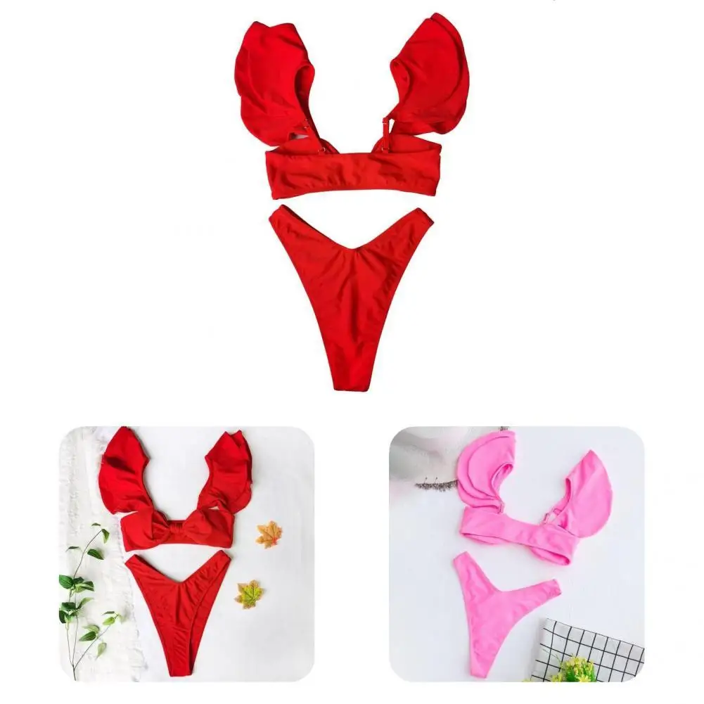 

Ruffle 2 Pcs/Set Great Erected Shoulder Bathing Suit Flounce Edge Bikini Solid Color for Vacation