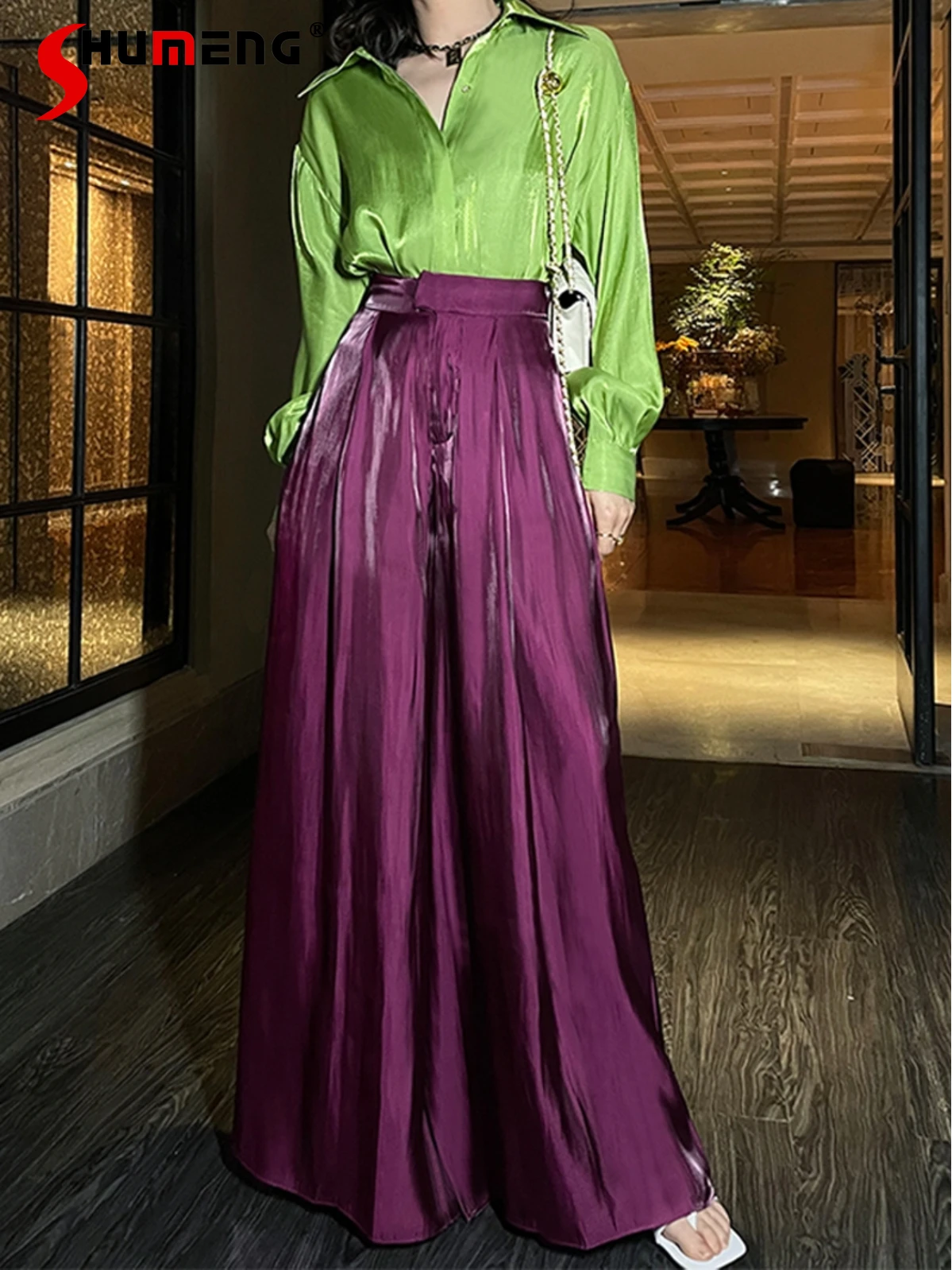 

High Quality Purple Thin Satin Casual Pants Women High Waist Loose Oversized Wide Leg Pants Female 2022 New Summer Pantalones