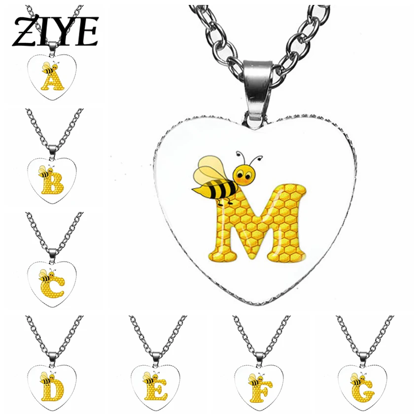 

Cartoon Honeybee Honeycomb Heart Pendant Necklaces Trendy A-Z Initial Letter Glass Cabochon Necklace For Teens Kid Jewelry Gifts