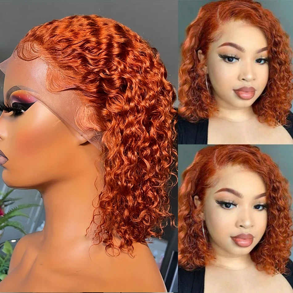 ze sztuczne włosy 13x4 nieusztywniane pomarańczowe głębokie faliste kręcone krótki bob koronkowe peruki Remy klasa woda fala ...