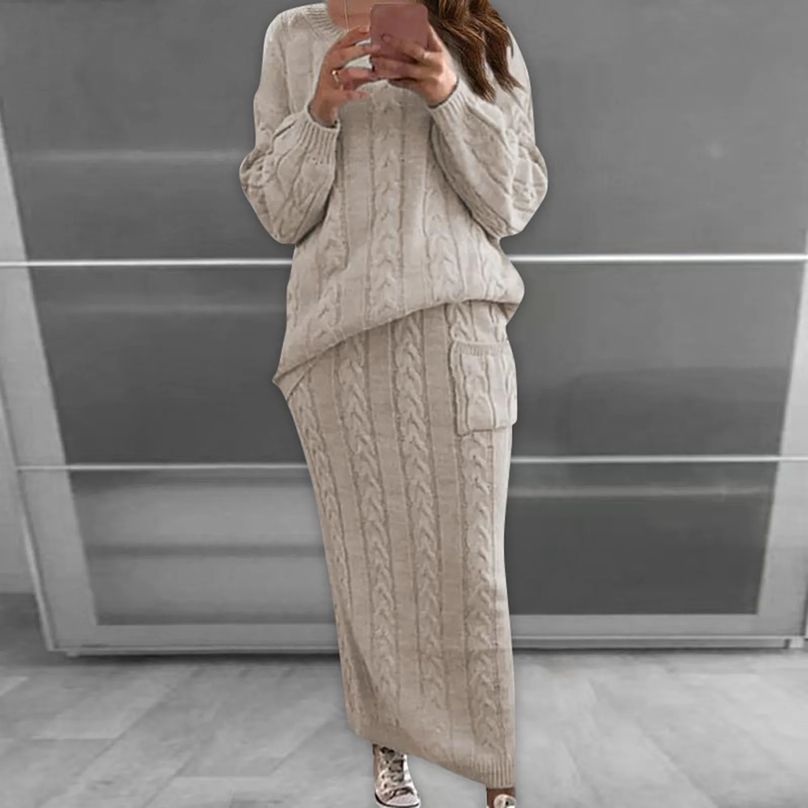 Women's Cable Knit Sweater Set In Moth Fabric Warm And Cozy For Autumn Winter A Line Two Piece Skirt Sets