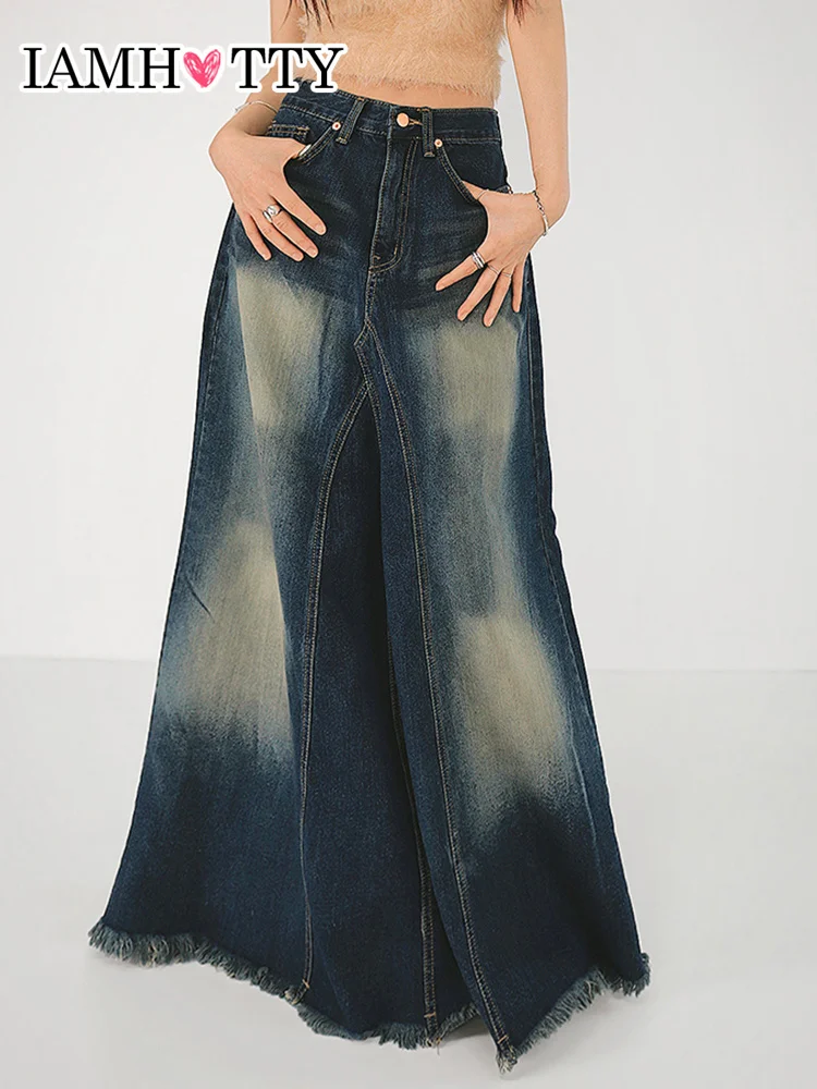 

IAMHOTTY Washed Mermaid Denim Skirt High Waist Asymmetrical Trumpet Vintage Long Skirts Y2K Grunge Maxi Streetwear Aesthetic New