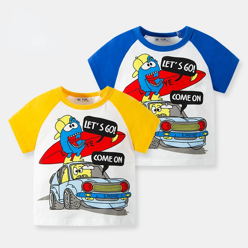 

2022 Summer Children's Clothing Cartoon Printed Children's Short Sleeve T Shirt with Sleeves and Color Contrast Boys' Top