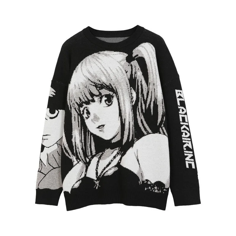 Anime Girl Sweater Men Y2k Clothes Streetwear Pullover Harajuku Vintage Jumpers Hip Hop Casual Loose Black Knitted Sweaters Top