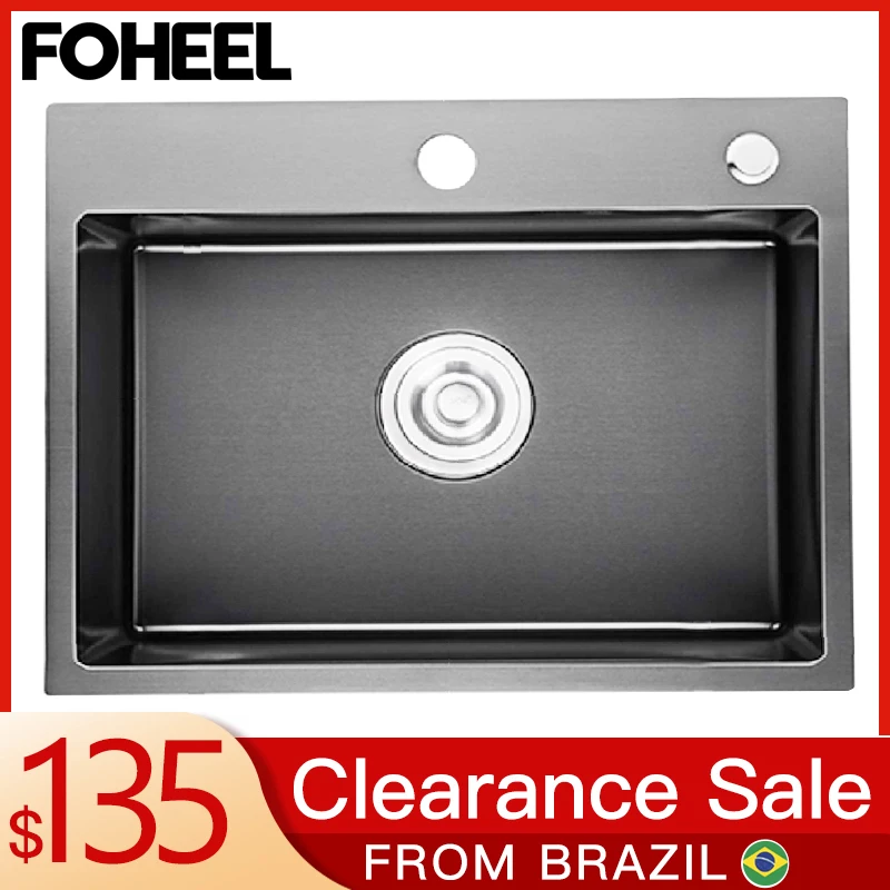 

FOHEEL Dark-Gray Kitchen Sink Deep Sink Single Bowl Deep Sink Handmade Above Counter Black Sink From Brazilian Warehouse