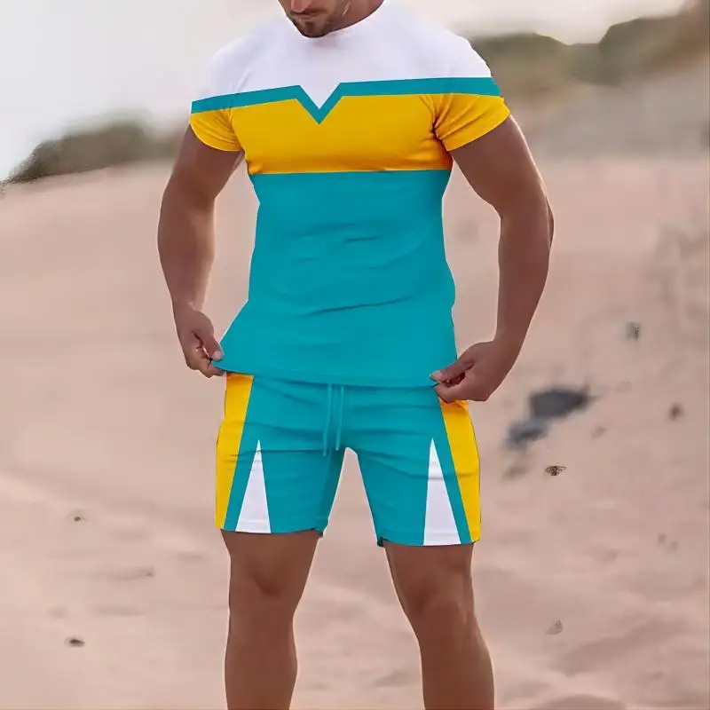 Men Clothes 3D Printed T-shirt Suits Color Block Graphic 2023 Summer Hot Sale Designer Round Neck Ropa Short Sleeve 2 Pcs