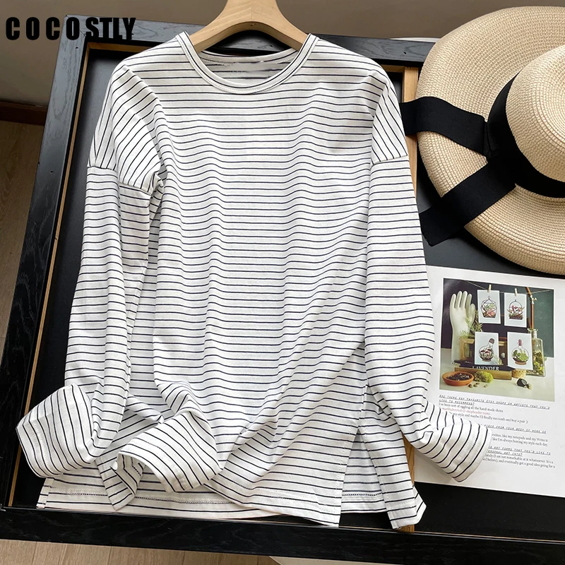 

2022 Autumn New Women Top Classic Stripes O Neck Casual Tops Long Sleeve Loose All-match Pullover T-shirt Female Blusa Tee